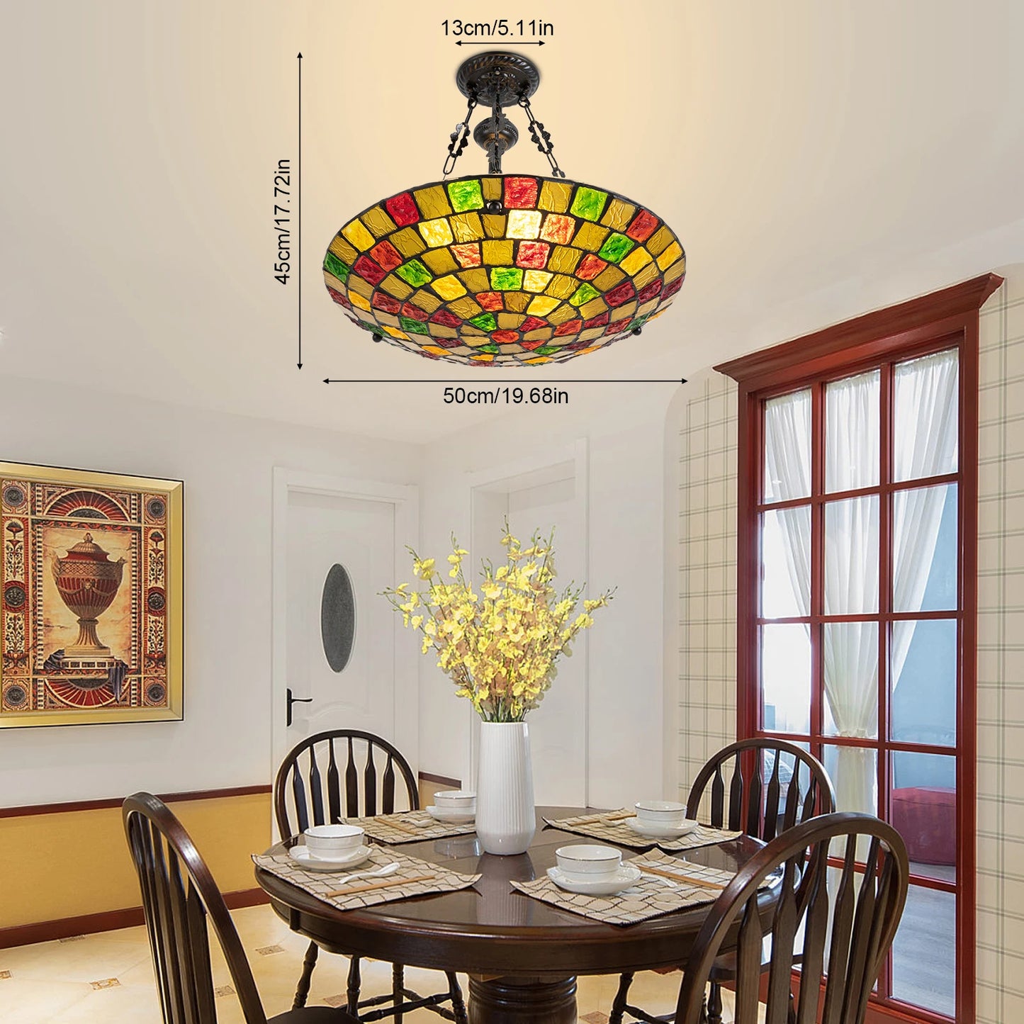 Bymaocar 60W Antique Stained Glass Inverted Tiffany Pendant