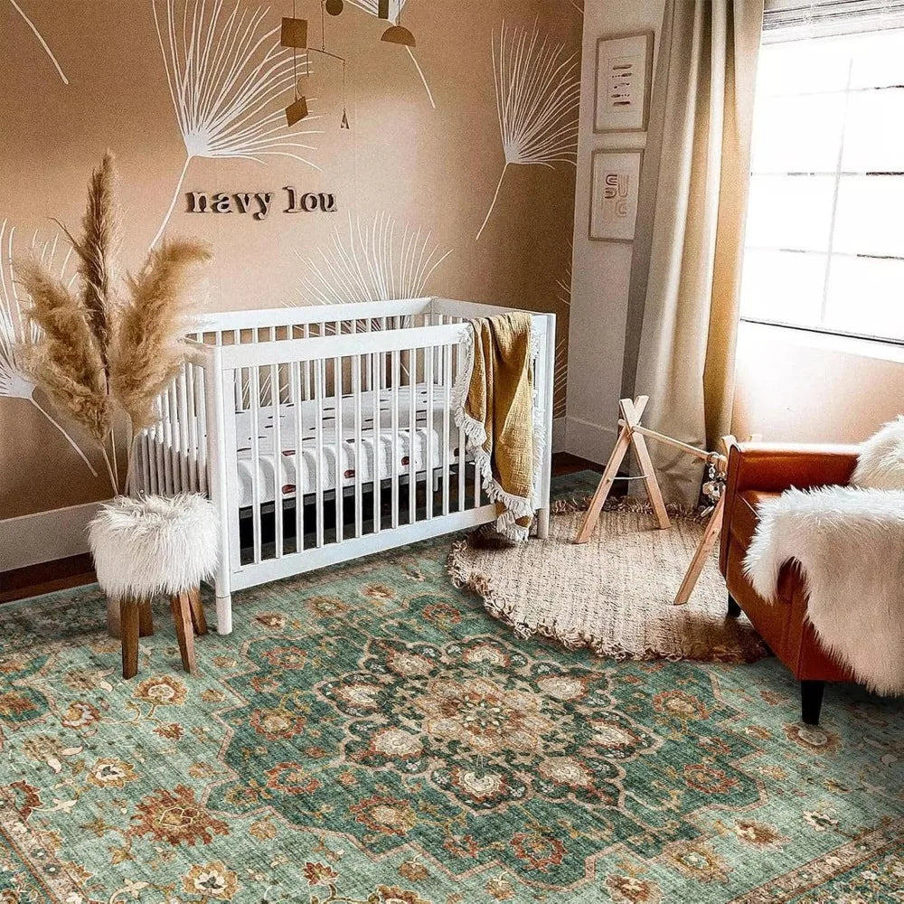 Oriental Washable Area Rug Polyester Flat-Woven for Living Room