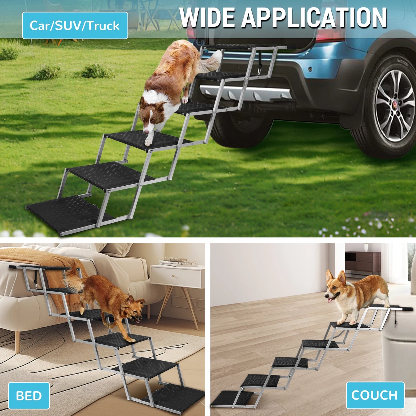 NONEDog Adjustable Foldable Dog Stairs Set For Cars And SUVs
