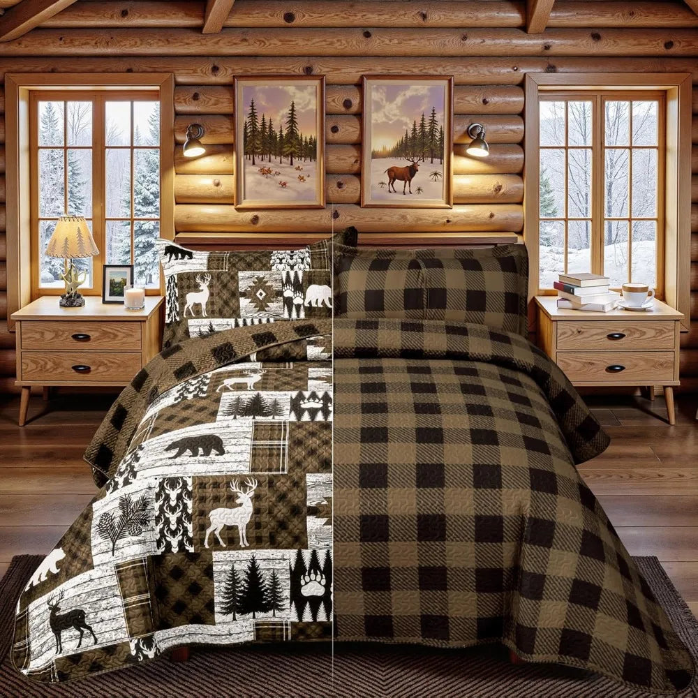 3 Piece Rustic Cabin Quilt Set Reversible Farmhouse Bedspread