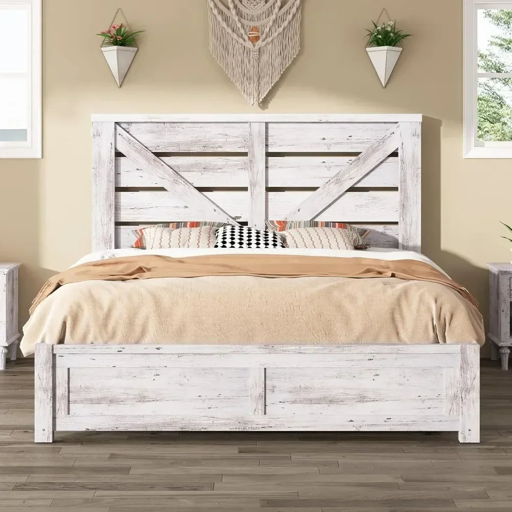 Farmhouse Bed Frame With Barn Door Headboard And Wood Slats