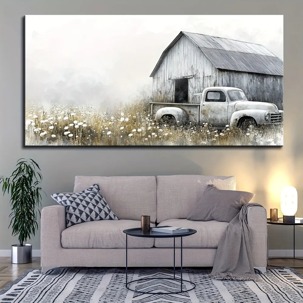 Pine Frame Antique Country Canvas Print Truck With Floral Design