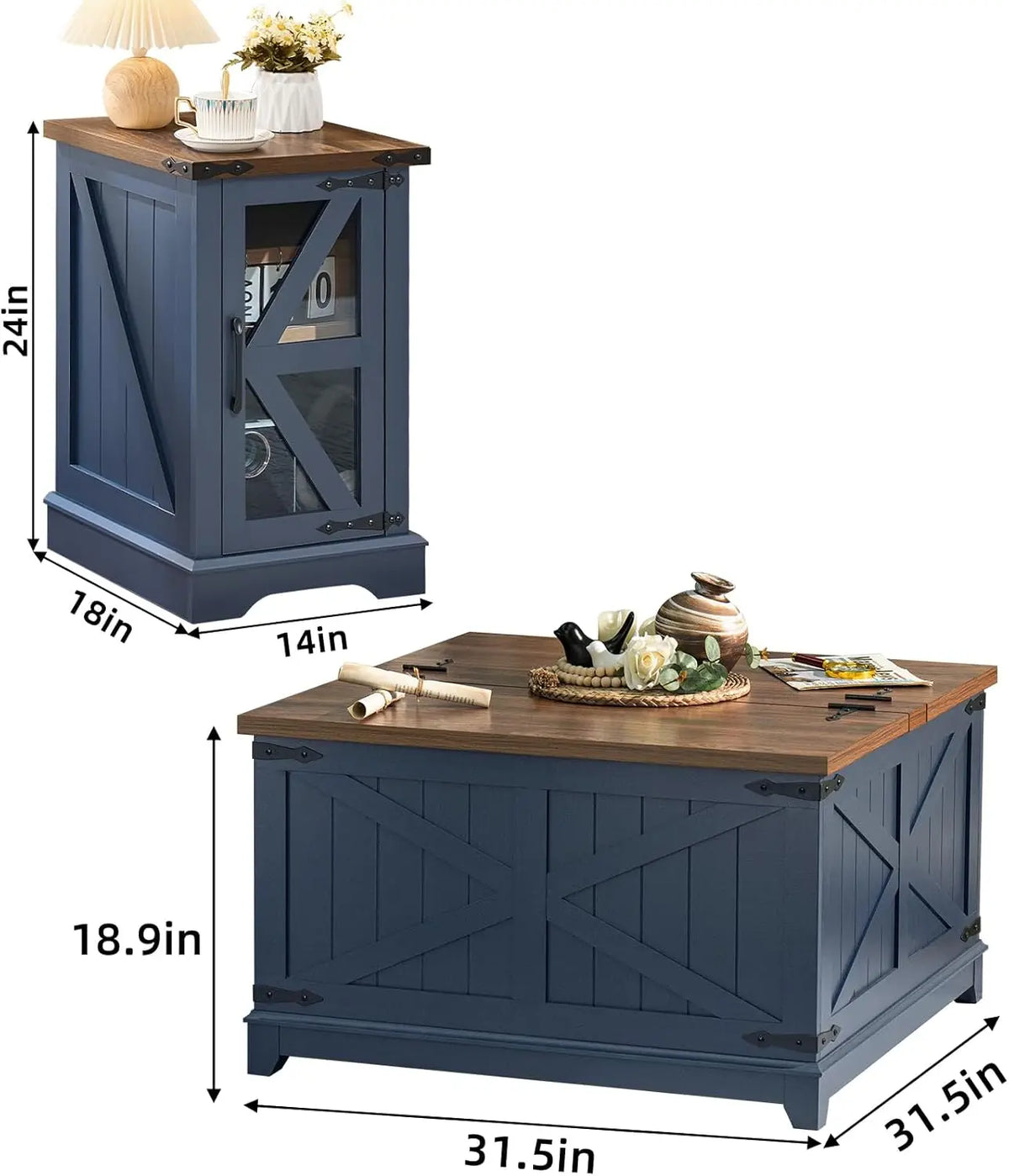 Farmhouse Coffee Table Set with Glass Barn Door Storage