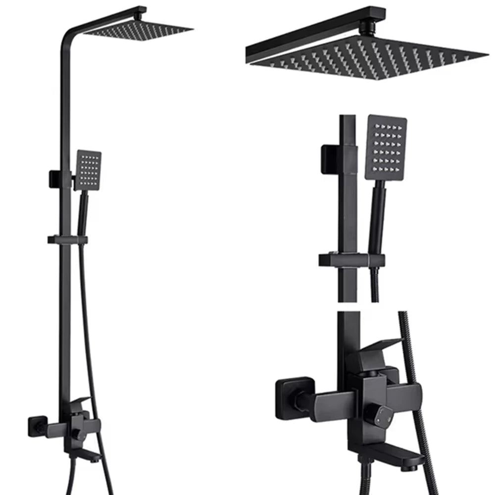 Shinesia Black Luxury Wall Mounted Square Rainfall Shower Faucet