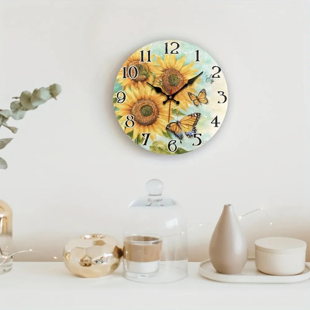 Jfht Wooden Silent Wall Clock With Sunflower Design For Home