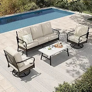 Outdoor 4-Piece Patio Set With Metal And Rattan Rocking Chairs And Marble Table