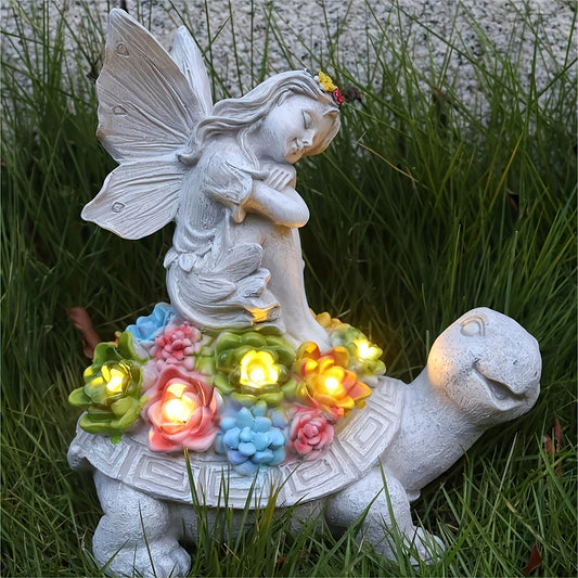 Solar Angel Turtle Resin Statue Garden Decor Outdoor Light