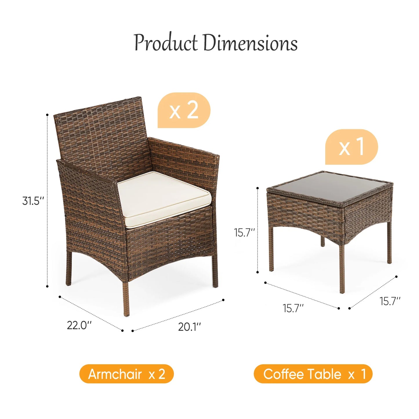 3 Piece Outdoor Patio Set Wicker Rattan Chairs With Glass Table