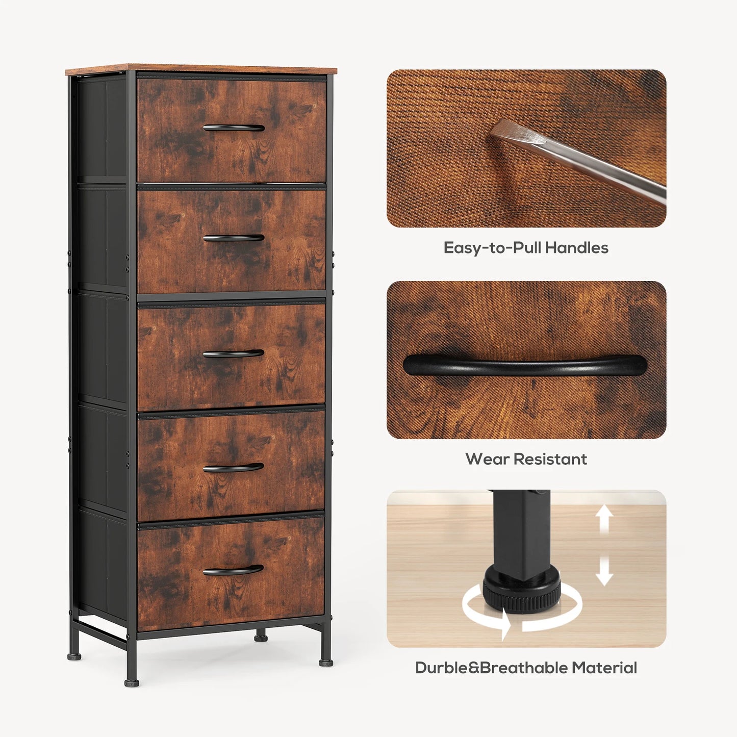 JHK Steel Frame Bedroom Dresser With Five Fabric Drawers