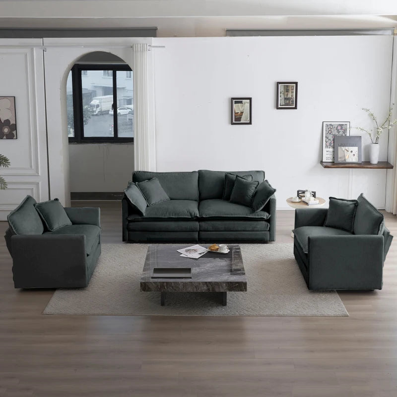 Modern Three Piece Sofa Set With Armchairs And Toss Pillows