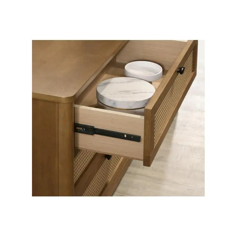 Rubberwood 6-Piece Bedroom Set With Upholstered Queen Bed, Dresser, Mirror