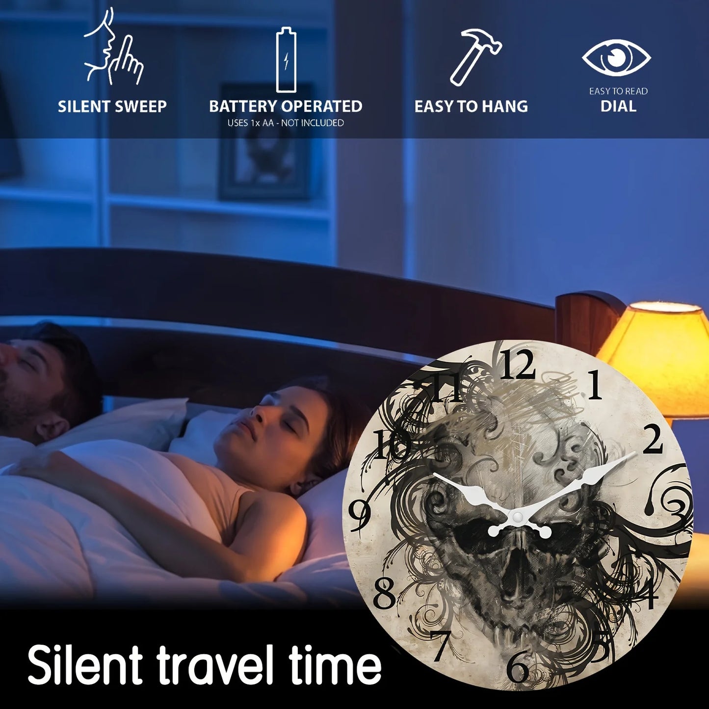 XMSJ Skull Head Wooden Wall Clock Silent Decorative Home Decor