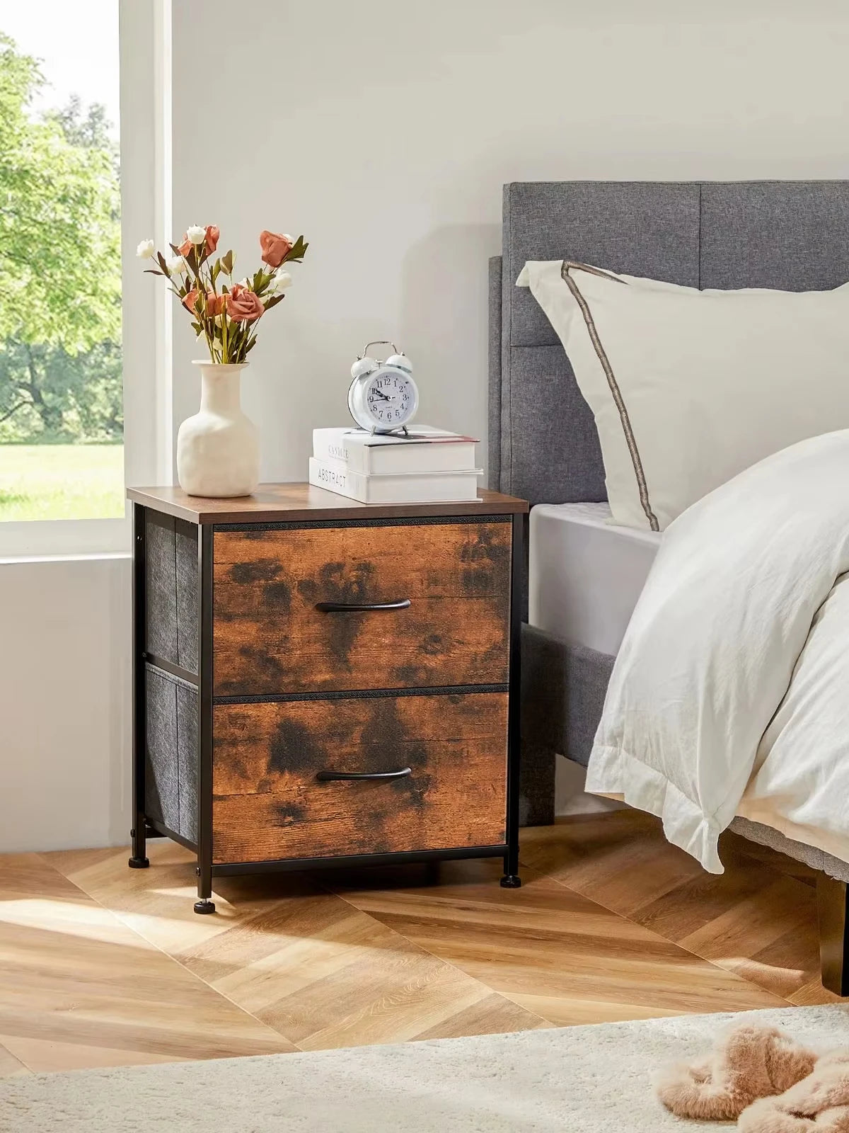 JHK Modern Nightstand With Dual Fabric Drawers And Metal Frame