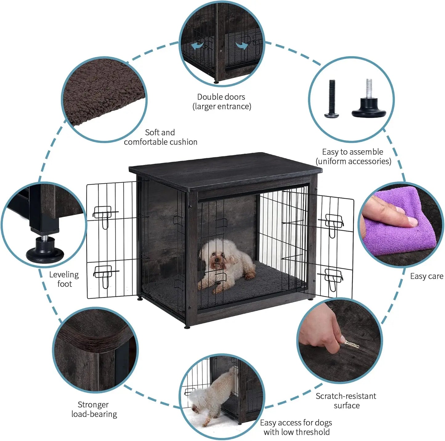 Wooden Dog Crate Furniture With Cushion And Double Doors
