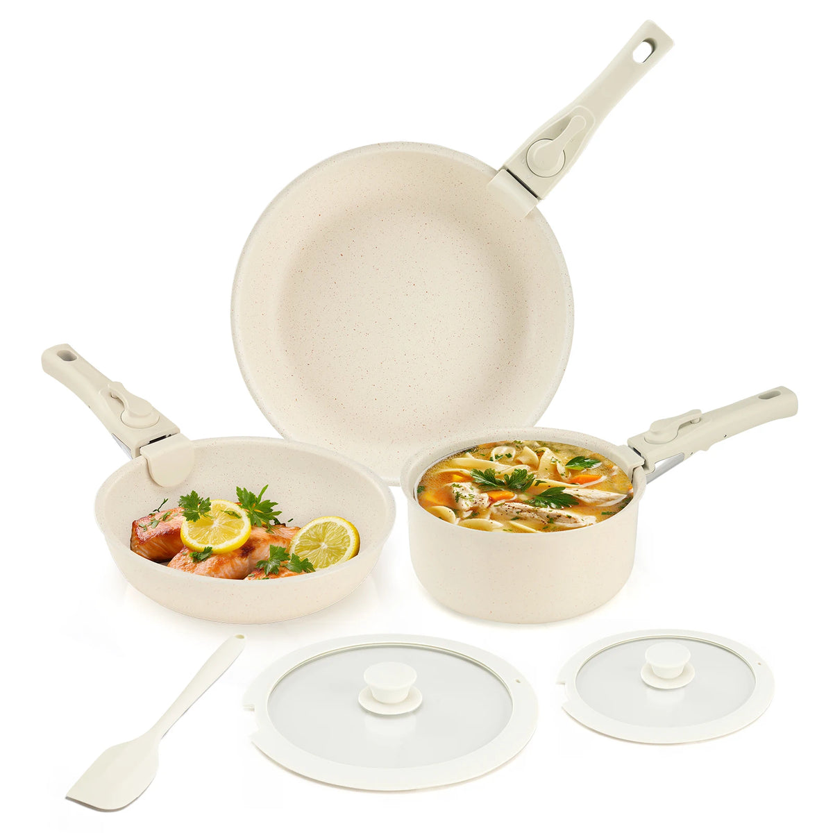 Nonstick Granite Cookware Set With Detachable Handles And Glass Lids