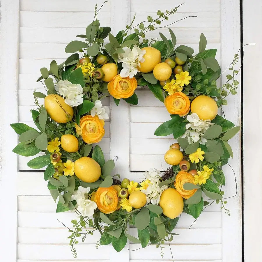 Artificial Lemon Wreath With Peony Hydrangea Berries Grapevine