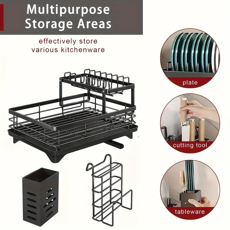 AEHOME Two Tier Expandable Dish Rack With Drainboard And Organizer