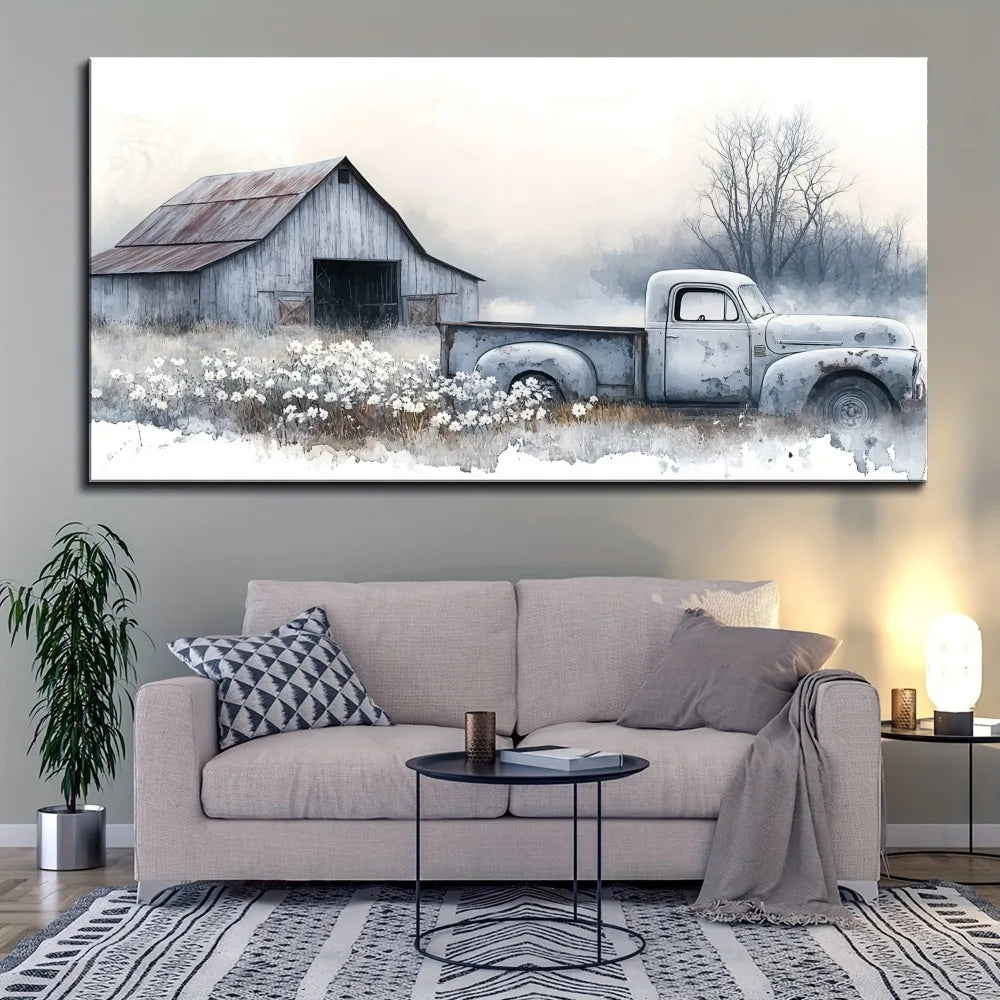 Pine Solid Wood Frame Canvas Print Of Antique Country Trucks