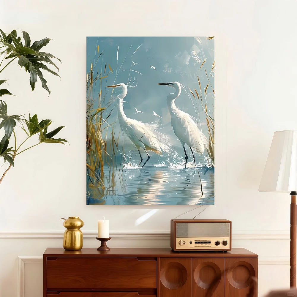 Framed Canvas Wall Art Egret Fishing Scene With Jumping Fish
