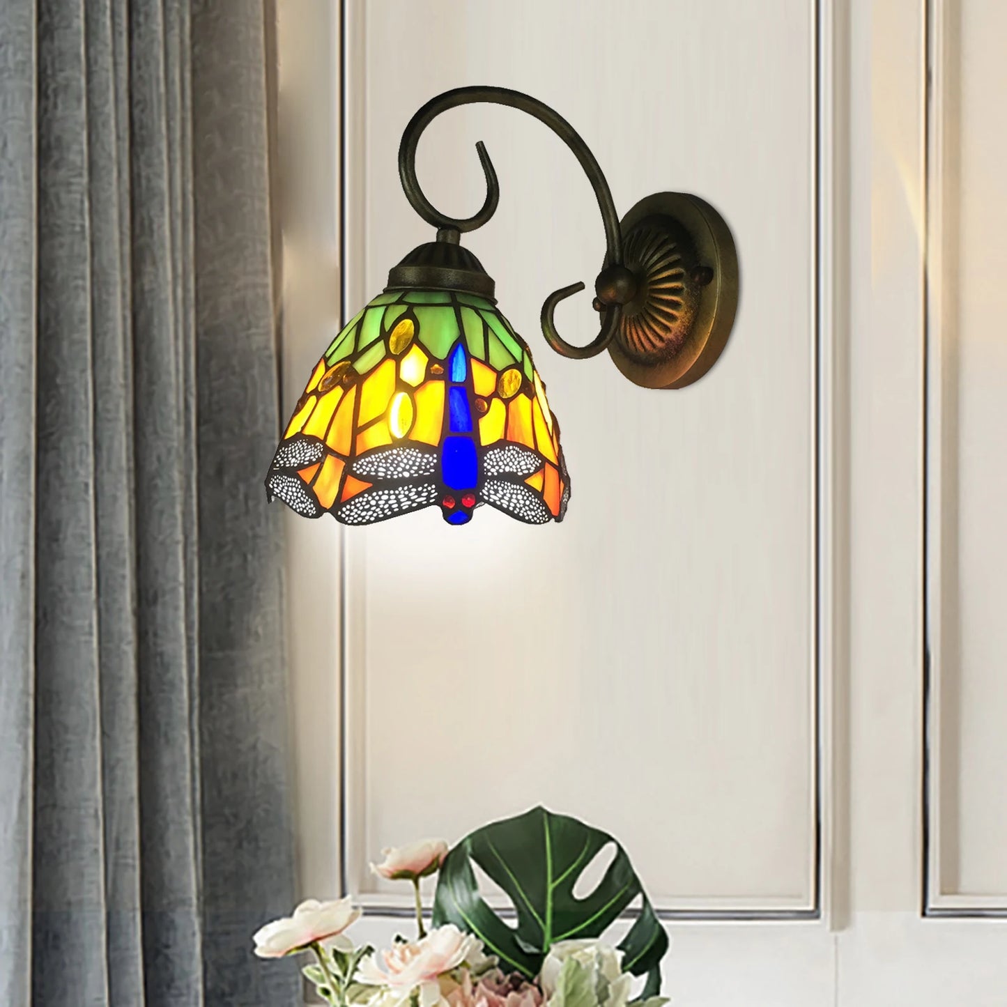Stained Glass Dragonfly Wall Light With E27 Bulb Holder