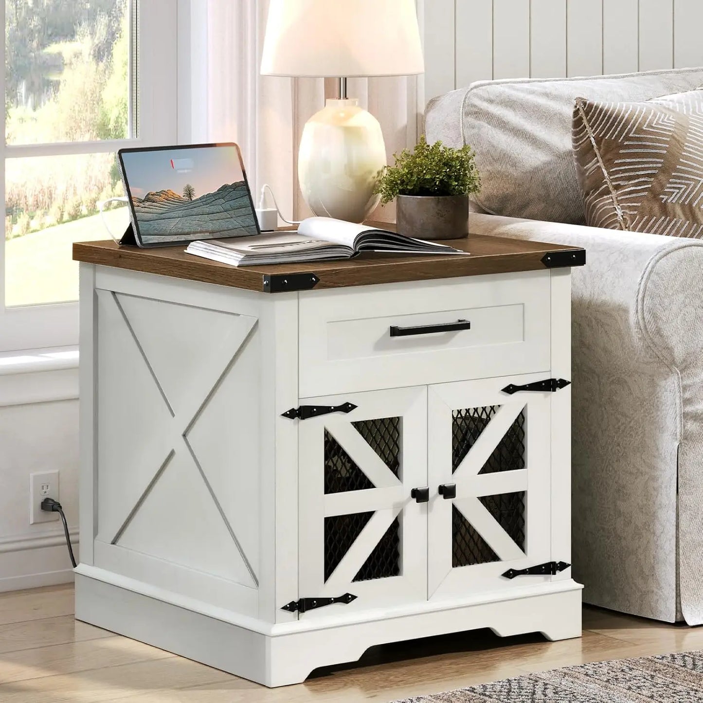 End Table With Charging Station USB Outlet Drawer Wood