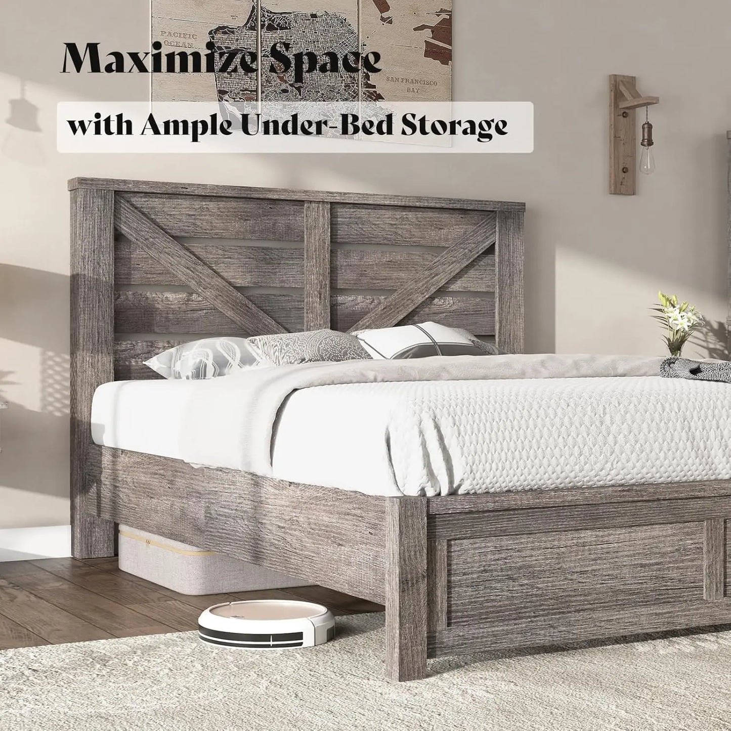 Farmhouse Bed Frame With Barn Door Headboard And Wood Slats