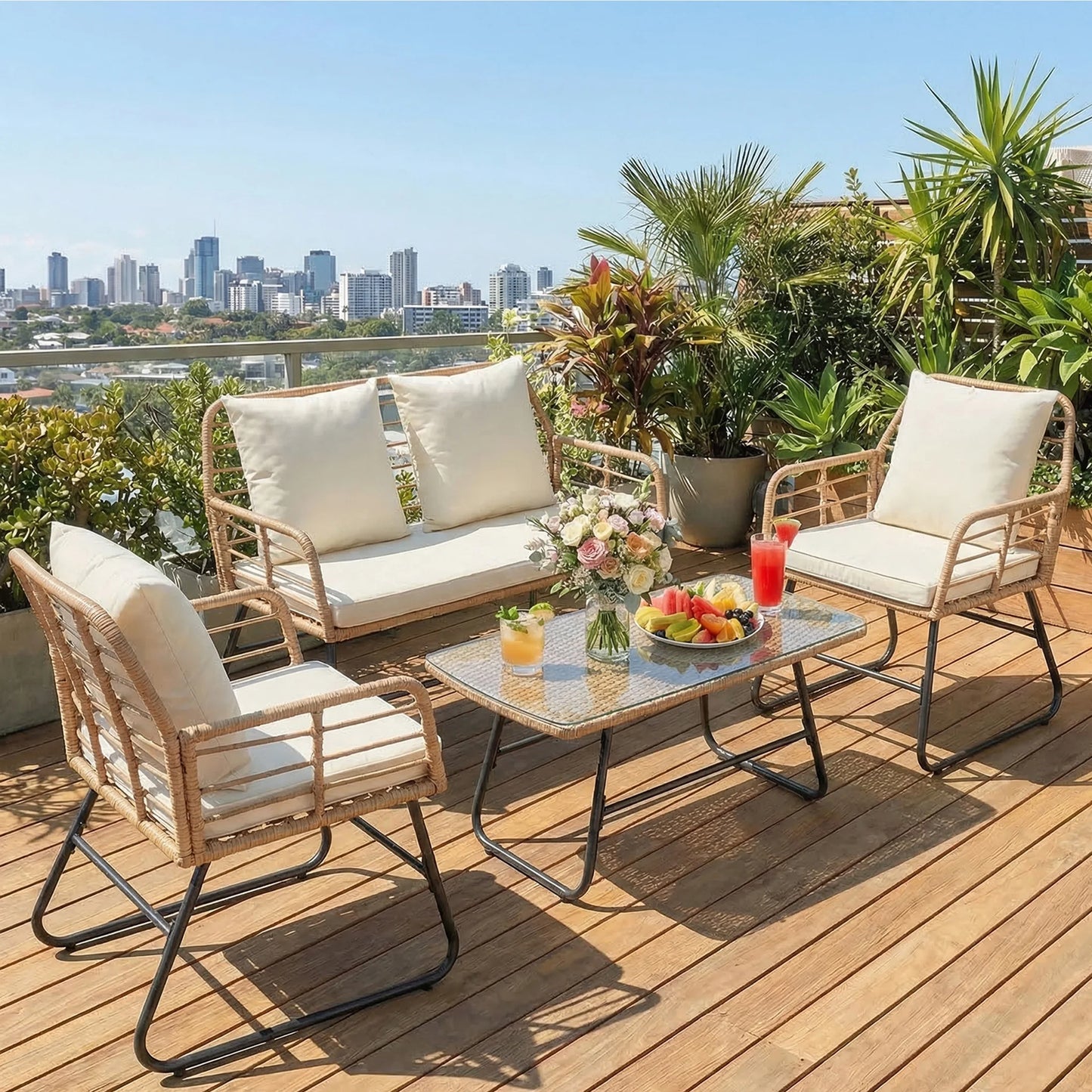 Outdoor Wicker Patio Furniture Set 4 Pieces With Glass Table And Cushions