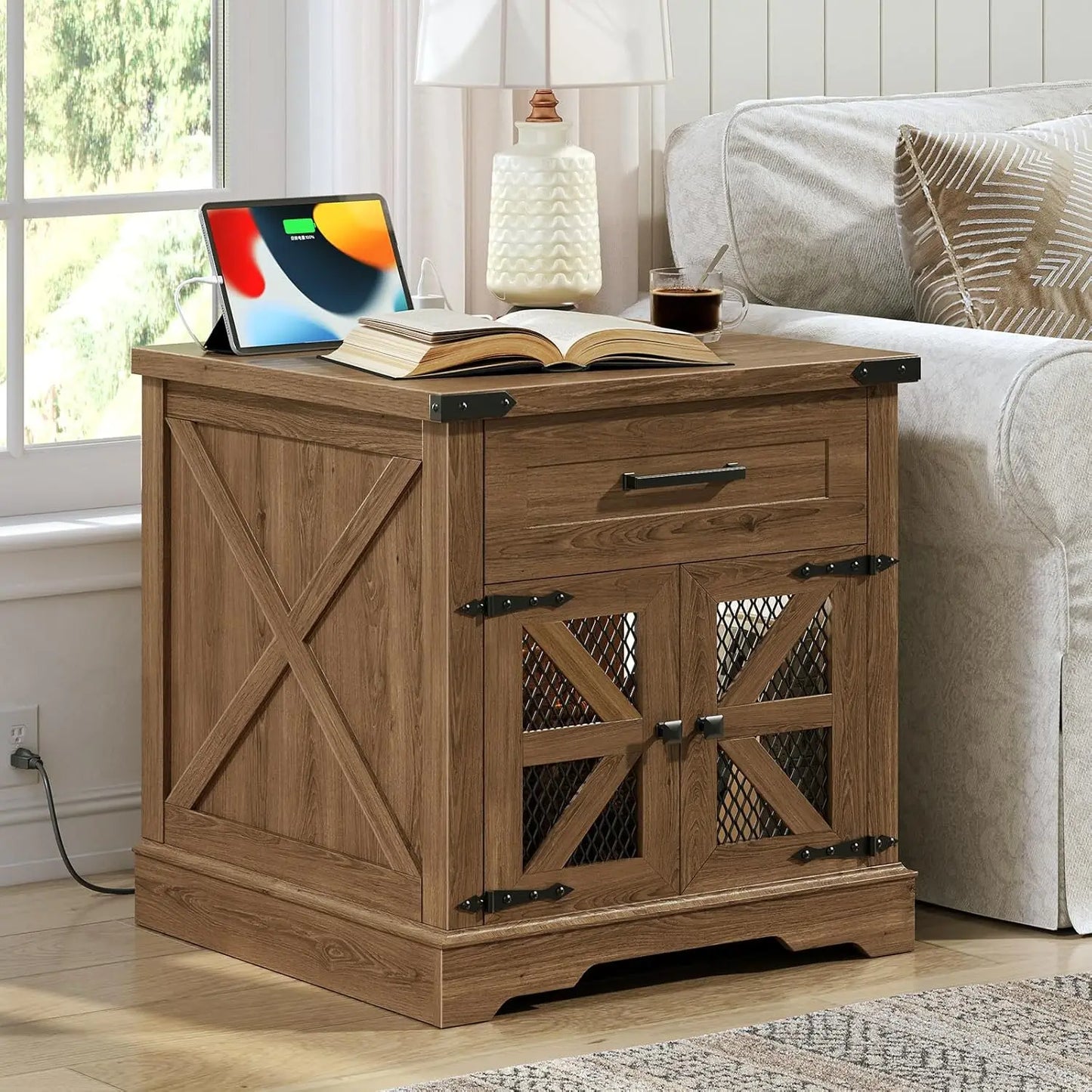 End Table With Charging Station USB Outlet Drawer Wood