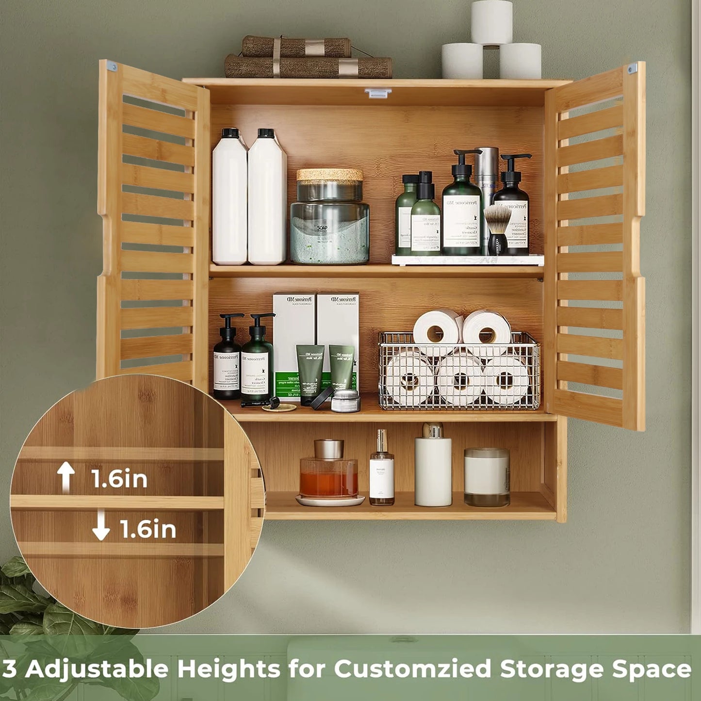 Bamboo Wall Mounted Cabinet With Adjustable Shelves Double Door Medicine Cabinet