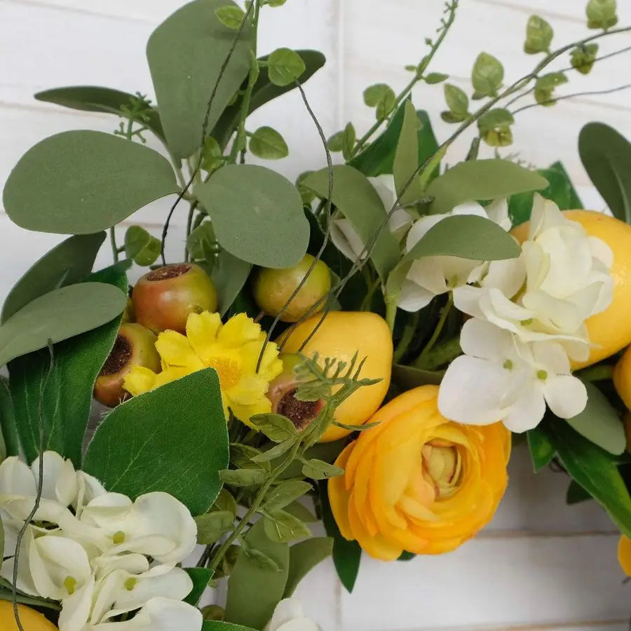 Artificial Lemon Wreath With Peony Hydrangea Berries Grapevine