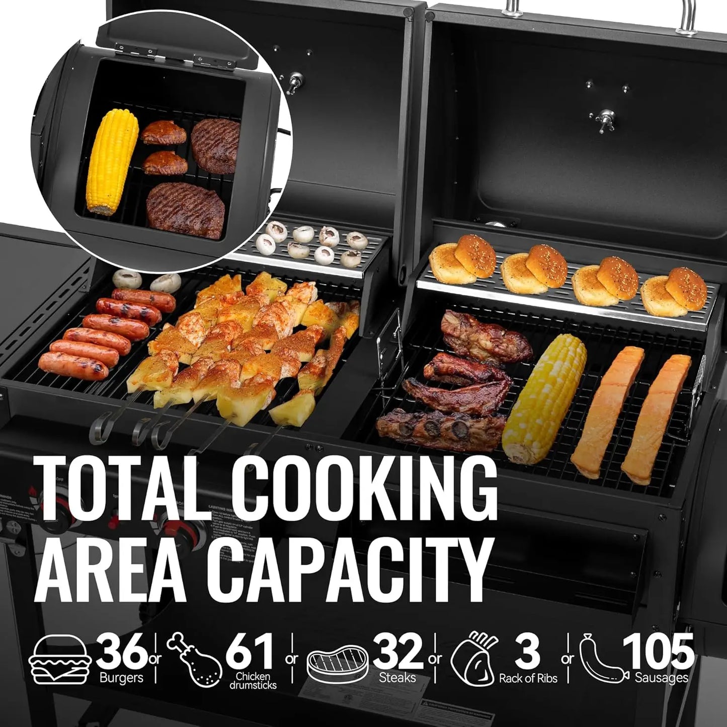 Dual Fuel Gas And Charcoal Grill With Offset Smoker And Side Burner