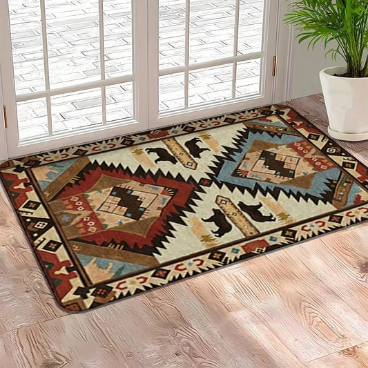 Rustic Southwestern Bear Geometric Rubber Floor Mat Non Slip