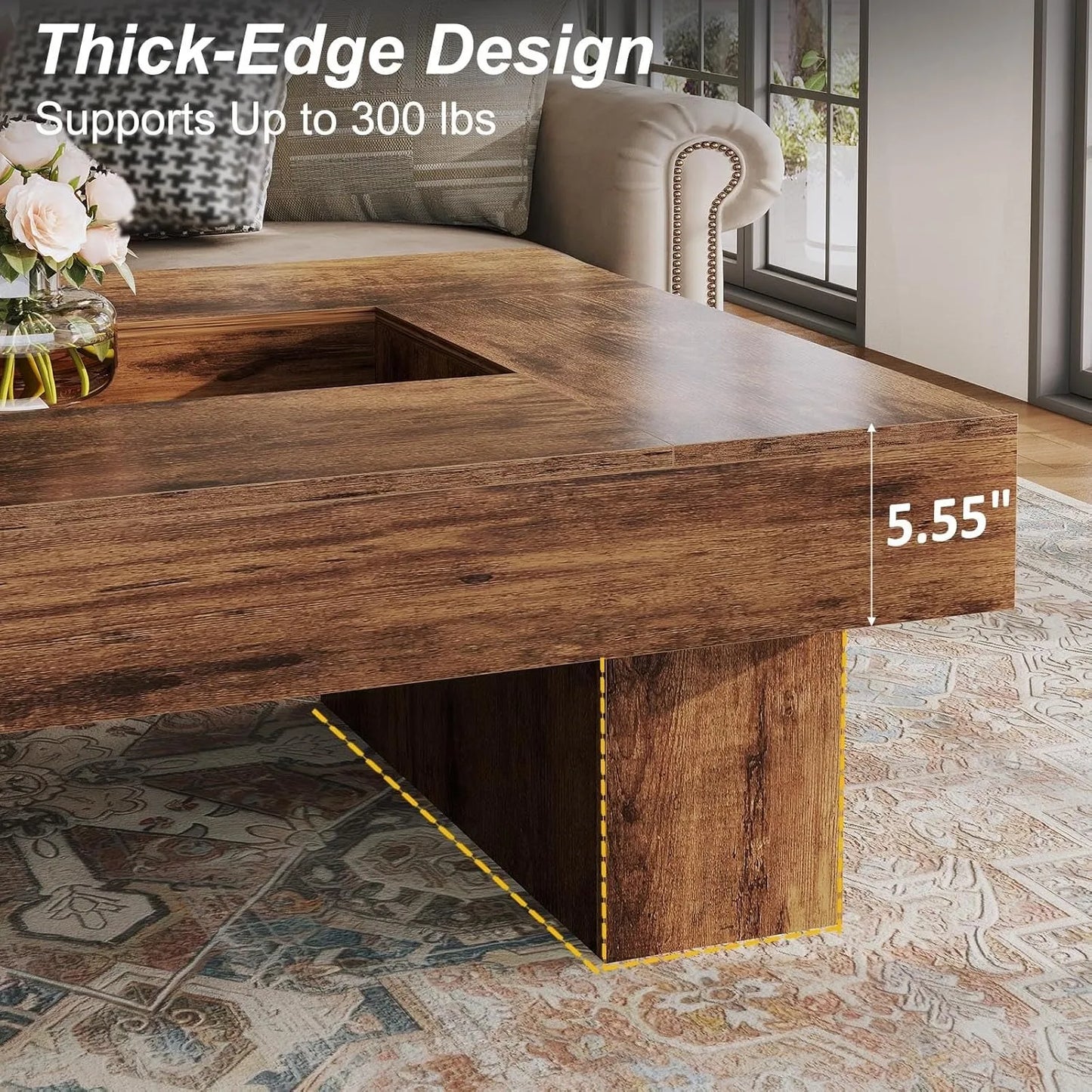 XIUWO Rustic Wood Coffee Table With Storage Featuring LED Light
