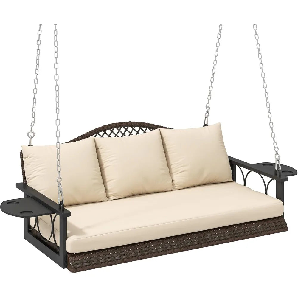 Three Person Wicker Porch Swing Chair Heavy Duty 800 Lbs Cup Holder Patio