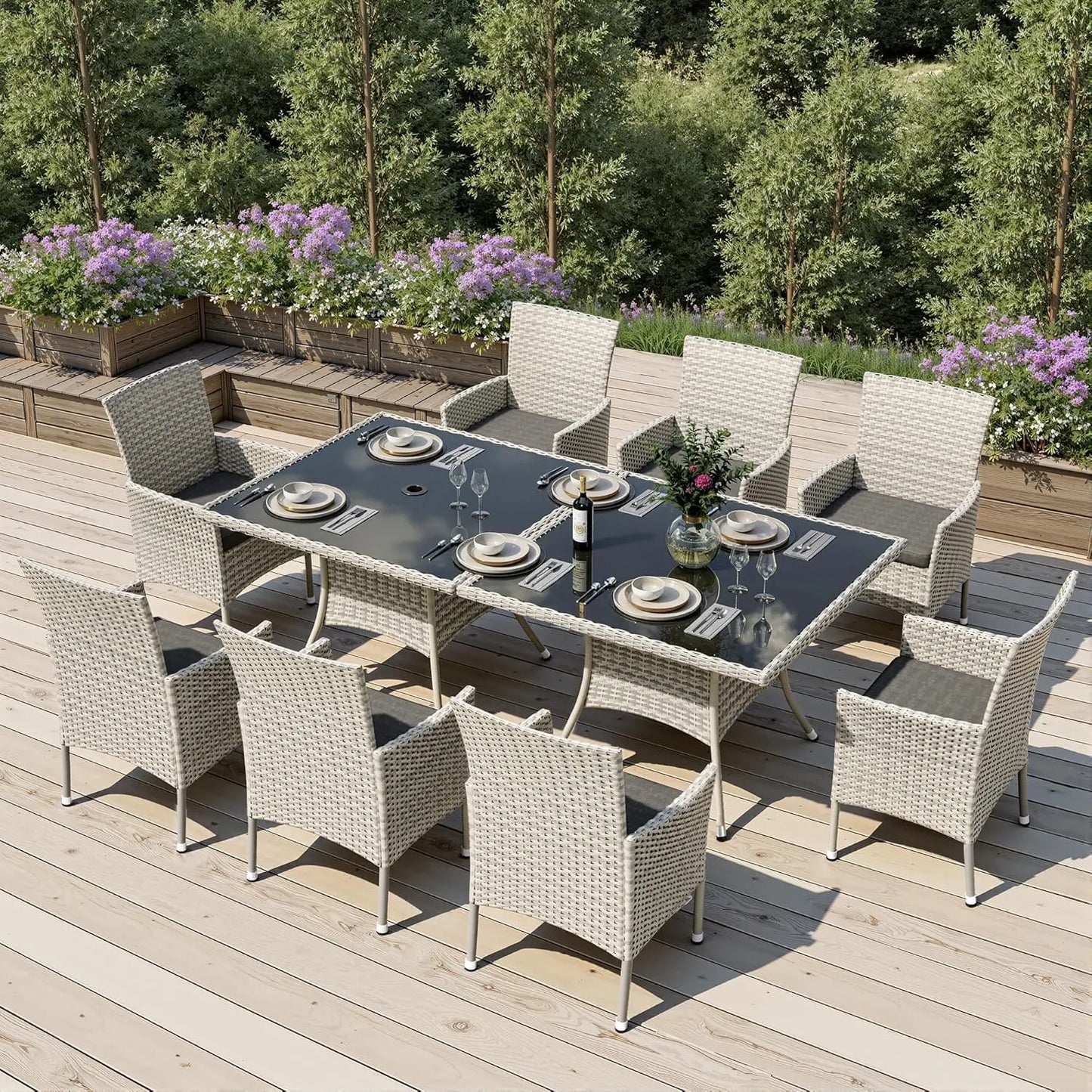 Outdoor Dining Set With Tempered Glass Table And Cushioned Chairs