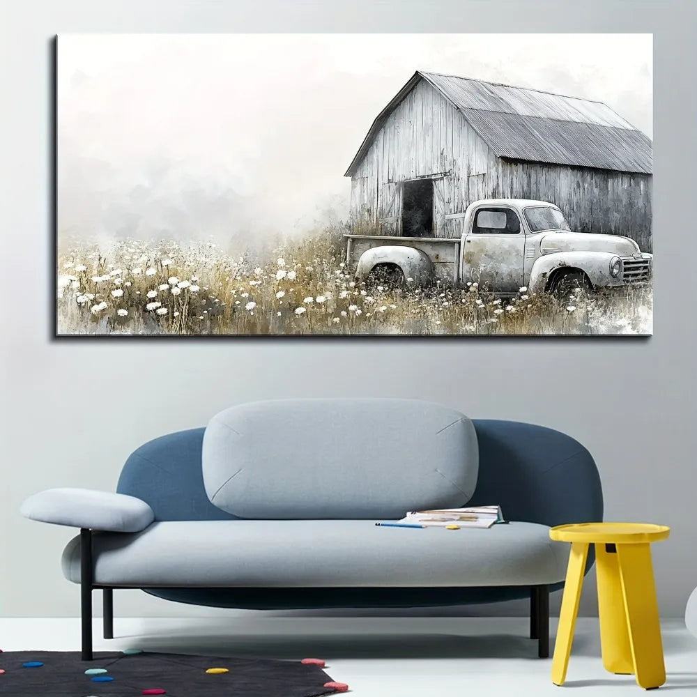 Pine Frame Antique Country Canvas Print Truck With Floral Design