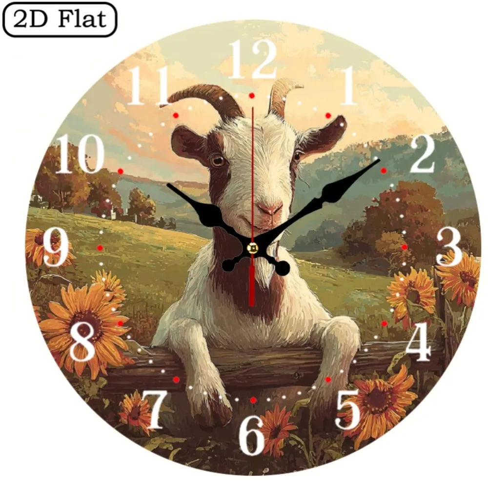 XMSJ 10 Inch Smiling Goat Sunflowers Wooden Wall Clock