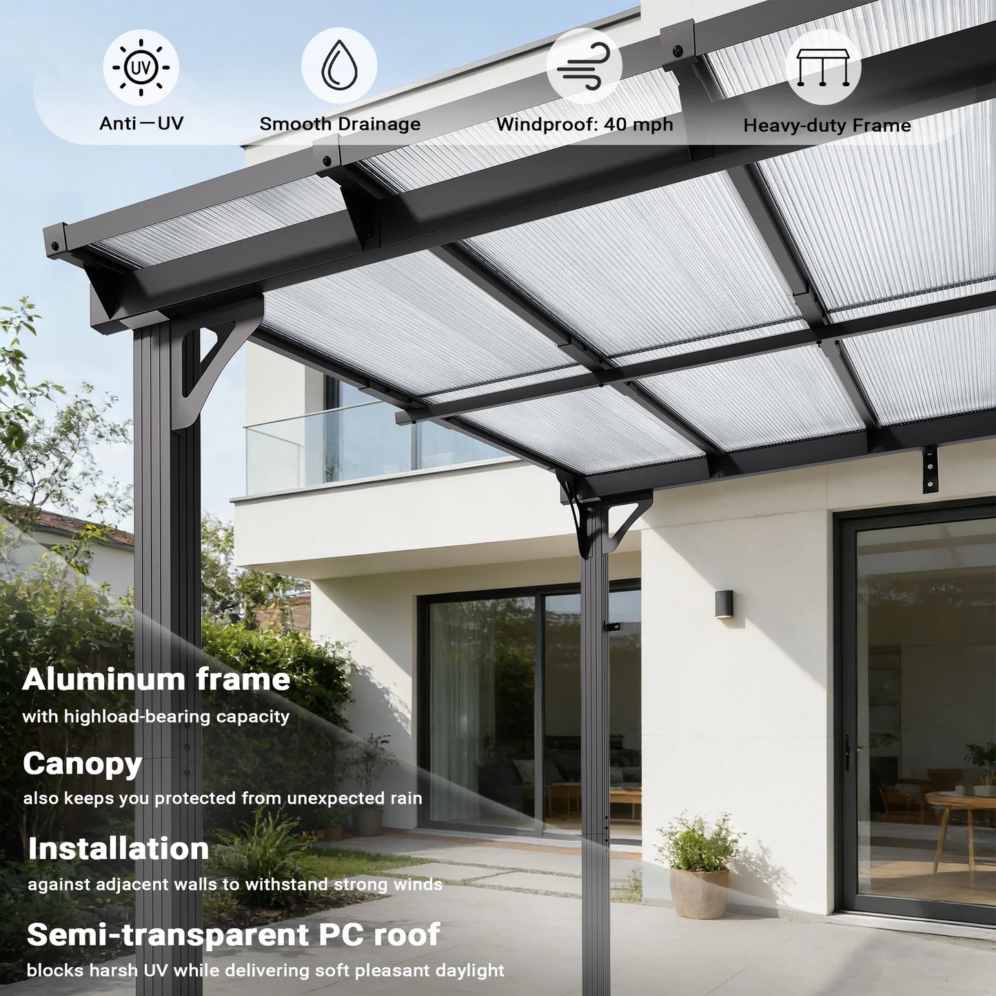 Polar Aurora Wall-Mounted Gazebo With Aluminum Frame And Polycarbonate Roof