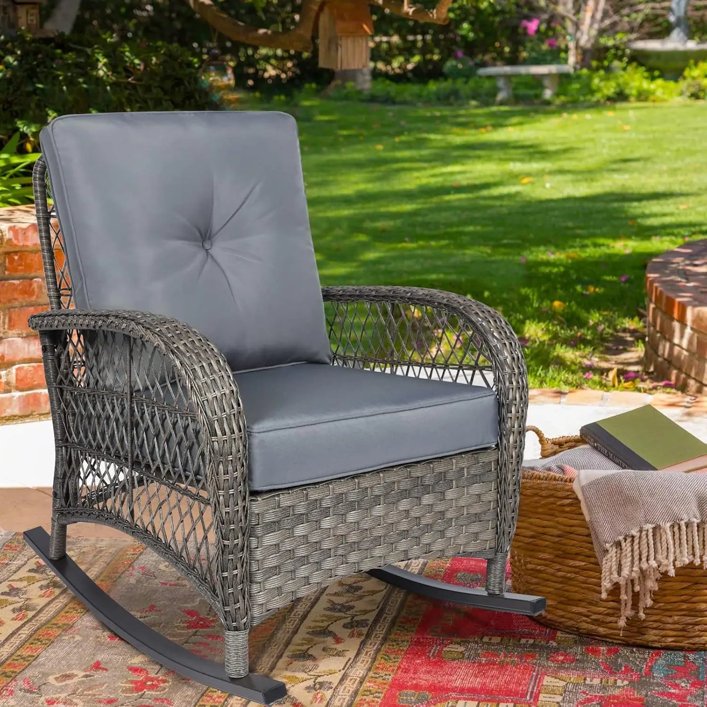 All Weather Wicker Rocking Chair For Garden High Back Outdoor Patio