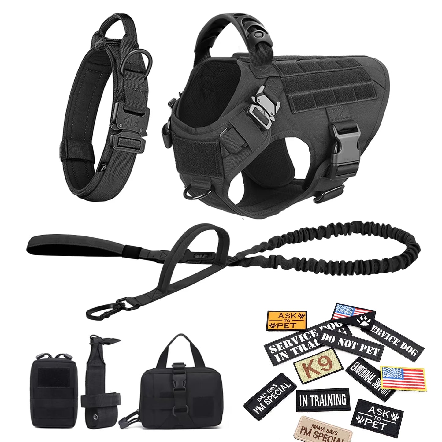 Military Large Dog Harness Set With Patches And Leash Accessories