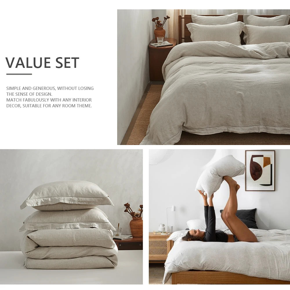 Simple&Opulence Linen Bedding Set With Embroidered Border And Duvet Cover
