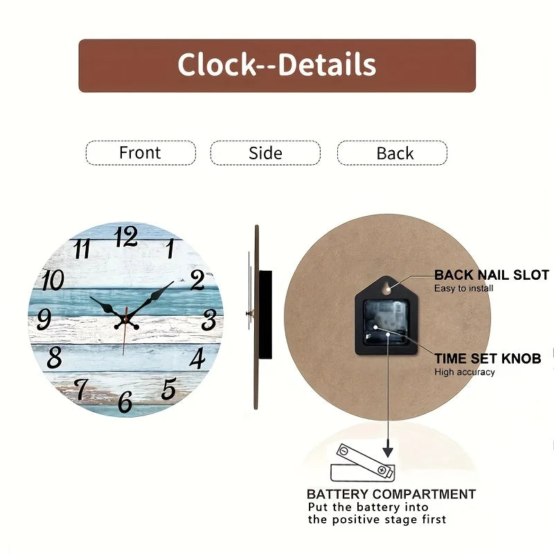 XMSJ Round Wooden Ocean Clock Silent NonTicking Wall Decor