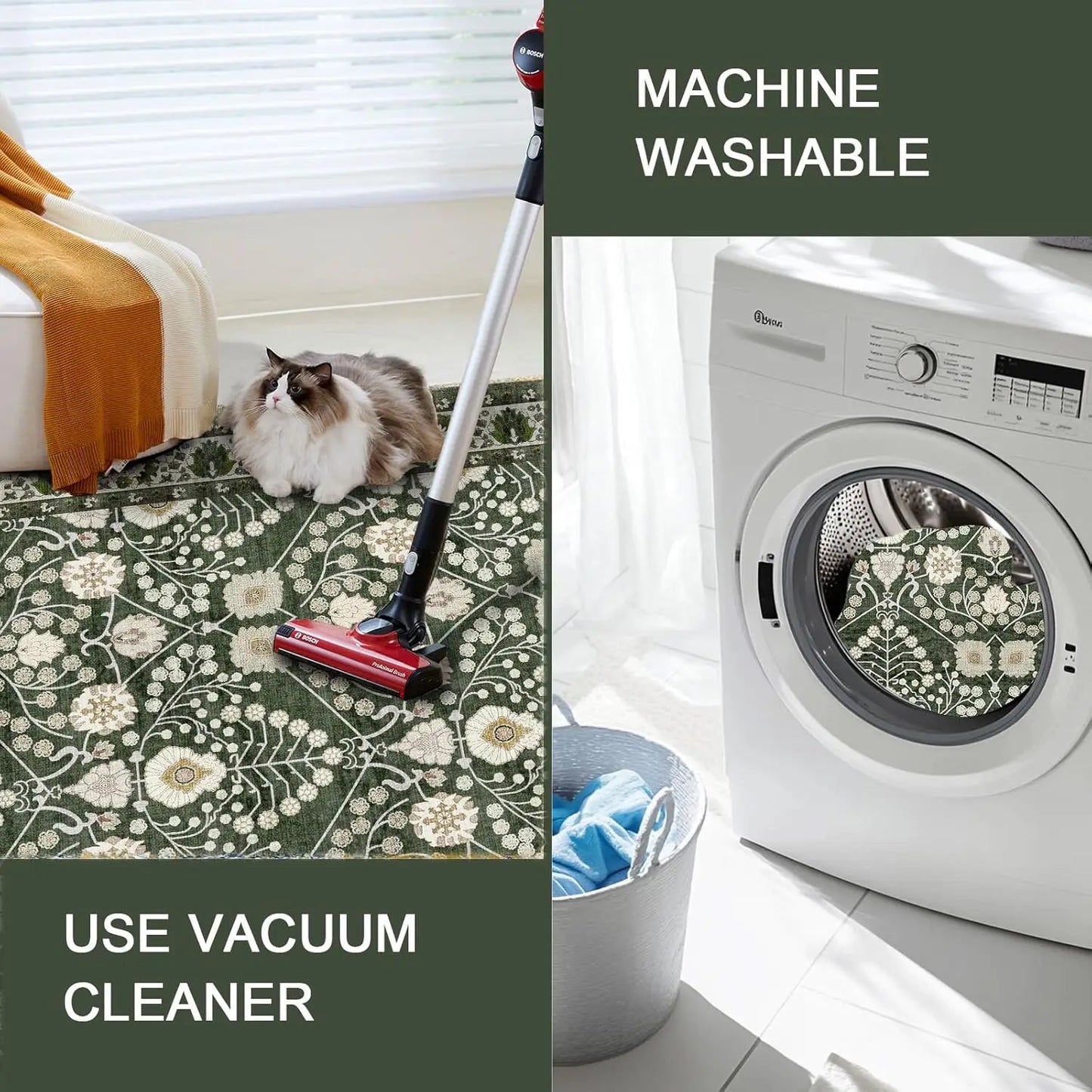 3x5 Boho Area Rug Machine Washable Non Slip Floral Carpet for Living Room Dining Room Laundry Room Dark Green