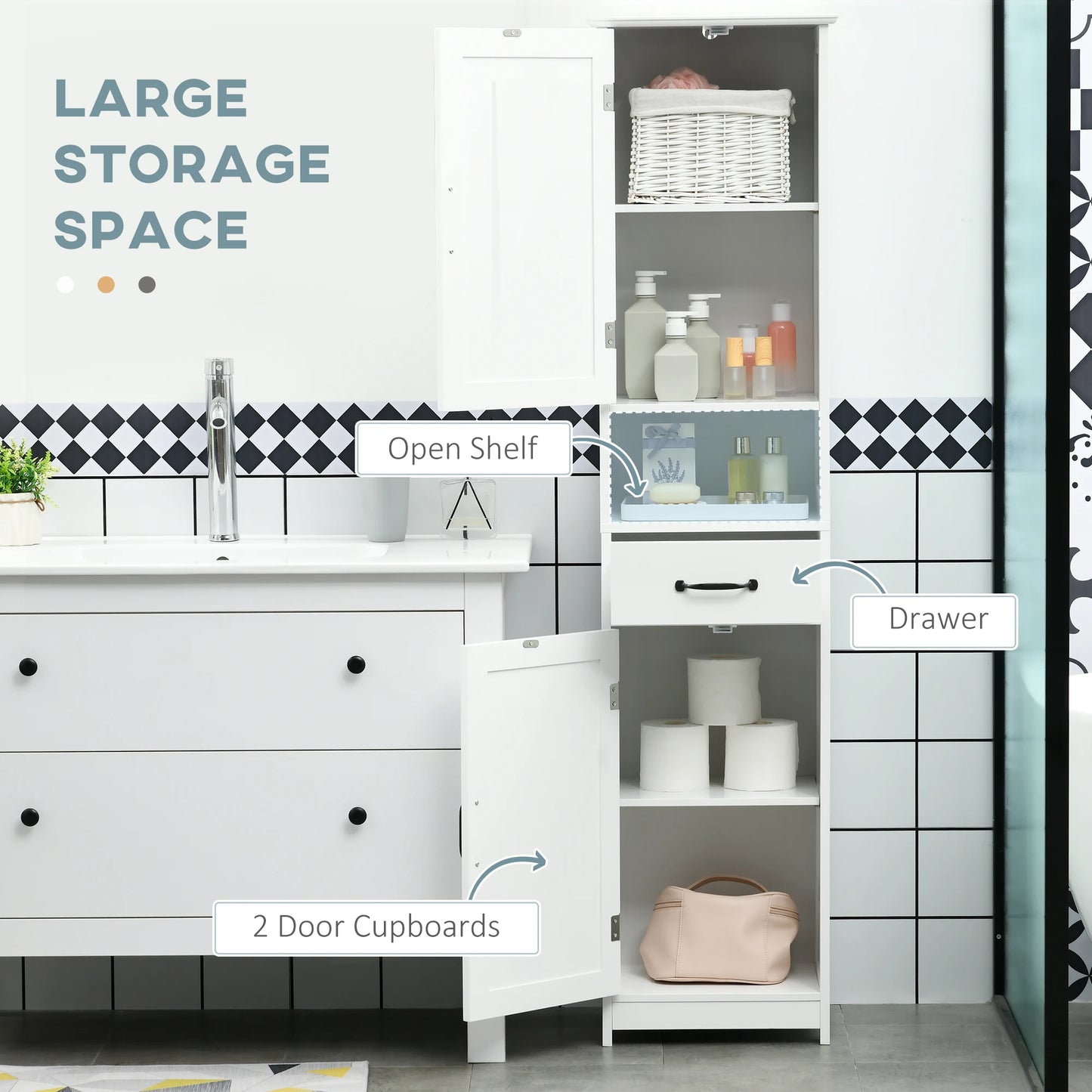 Kleankin Slim Bathroom Storage Cabinet With Open Shelf And Drawer