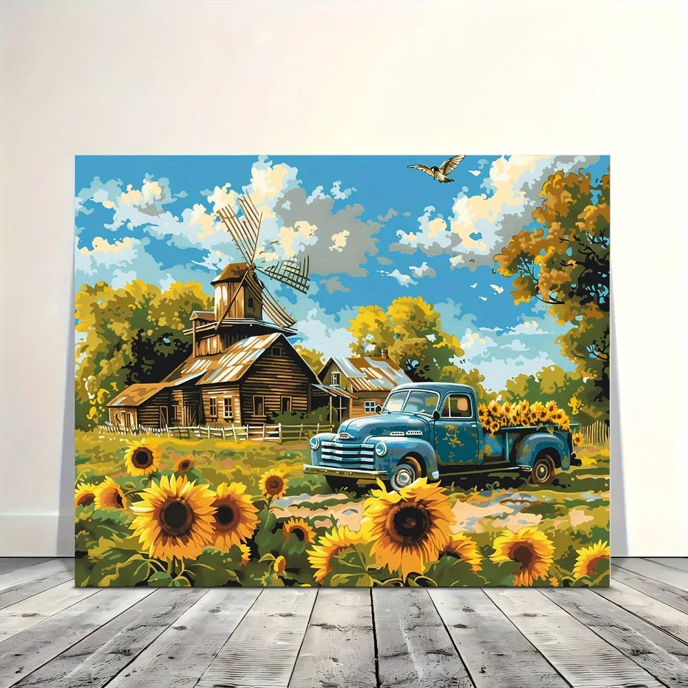 Sunflower Canvas Wall Art Blue Truck Landscape Decor