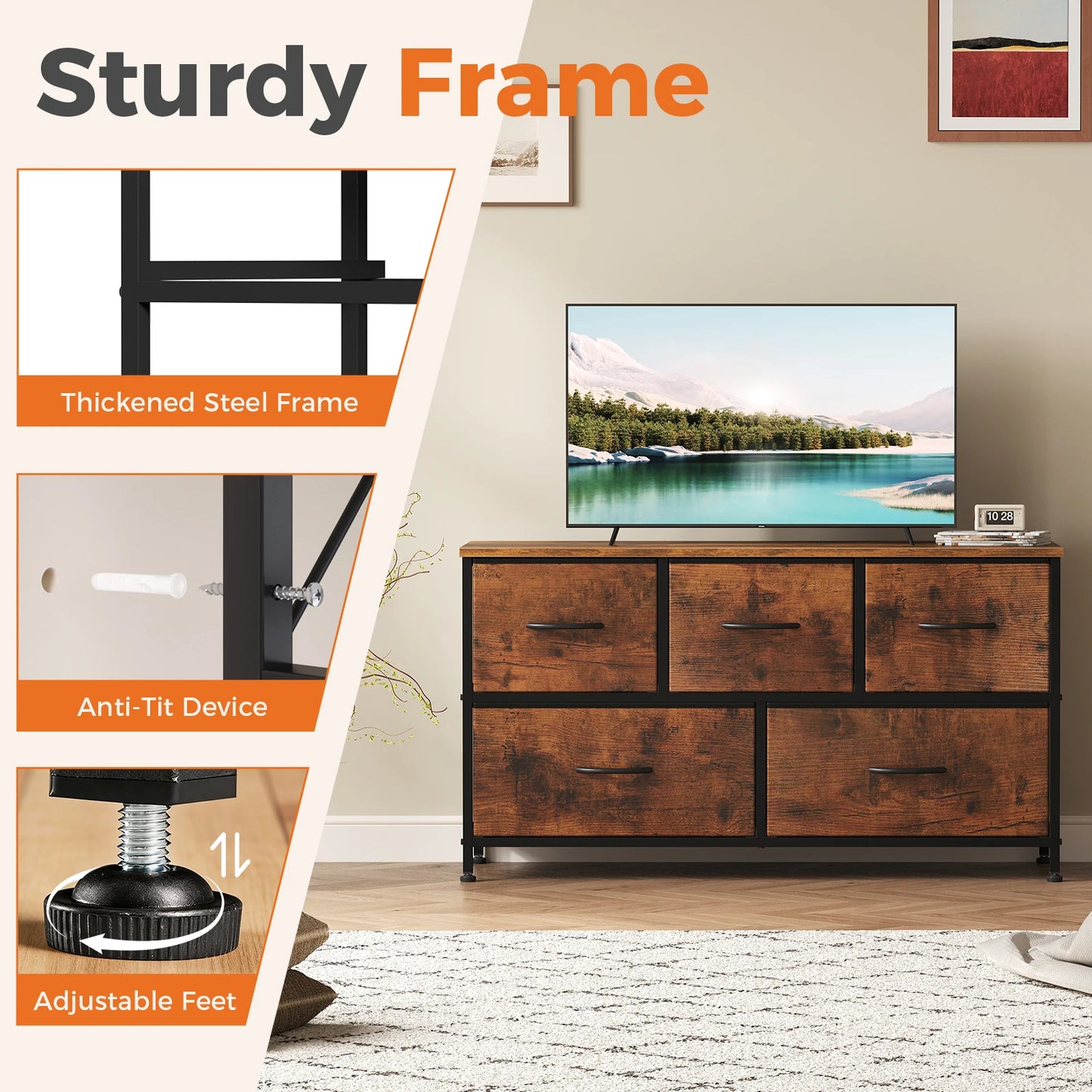 MCQ Five Drawer Fabric Storage Tower Wooden Top Metal Frame