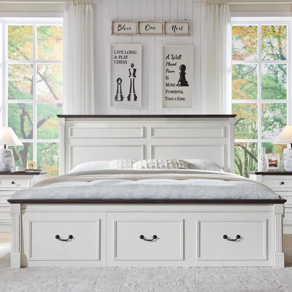 Farmhouse Bed Frame With Tall Headboard And Roman Column Footboard