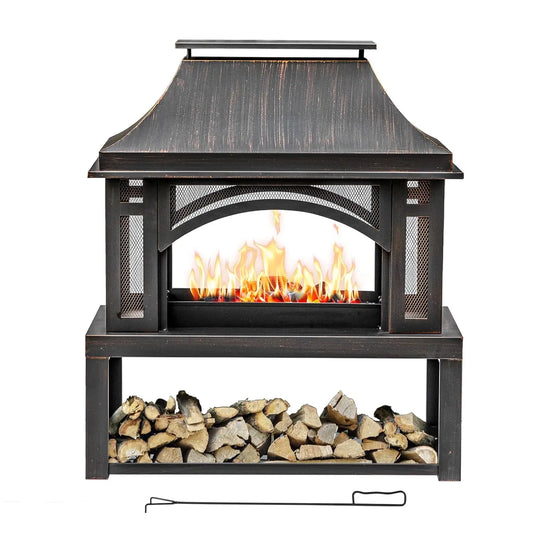 Outdoor Wood Burning Fire Pit With Wood Storage And Chimney
