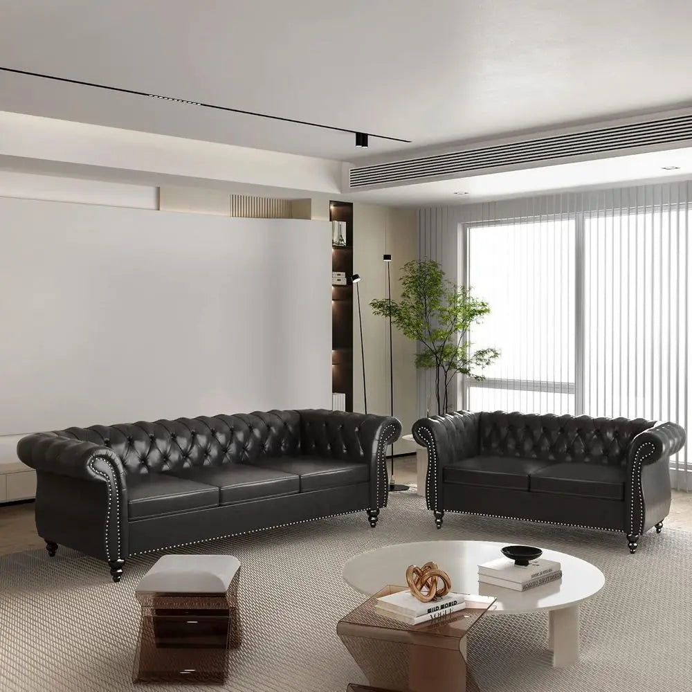 Chesterfield Leather Sofa and Loveseat Set with Scroll Arm Design