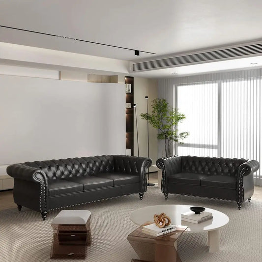Chesterfield Leather Sofa and Loveseat Set with Scroll Arm Design